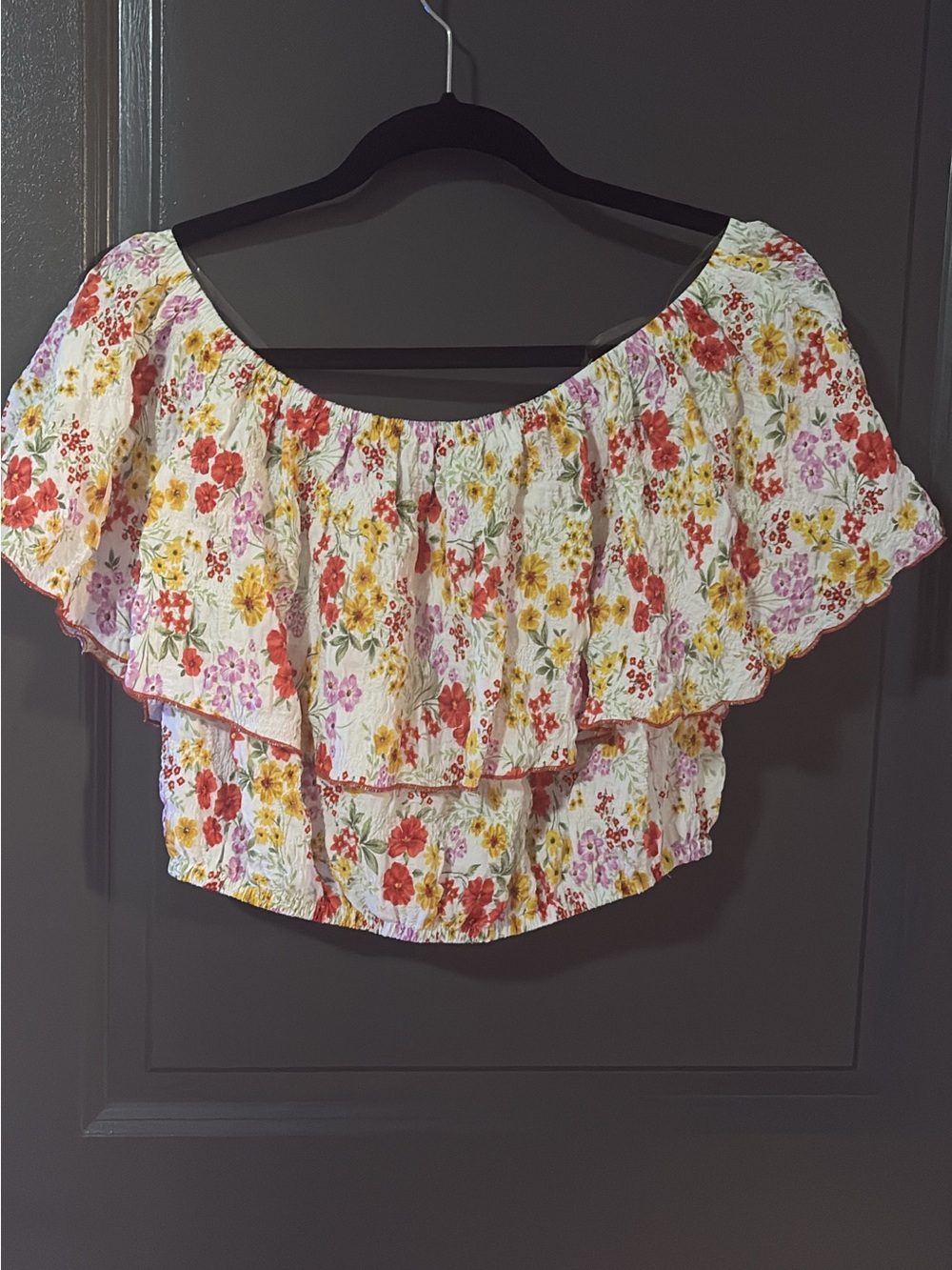 Floral Ruffle Off-Shoulder Crop Top - White with Red, Pink & Yellow Flowers